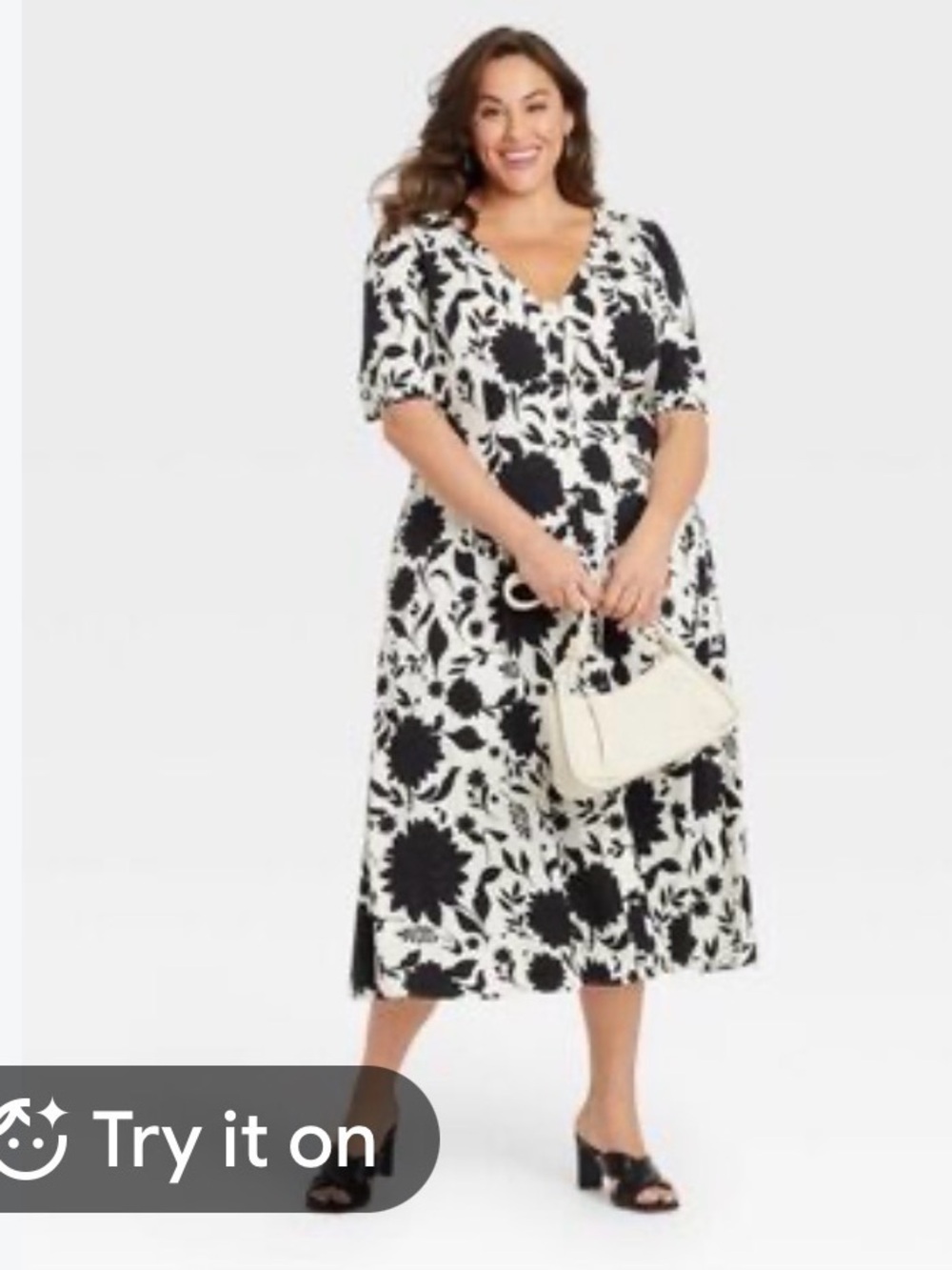 Ava & Viv Black and White Floral V-Neck Midi Dress